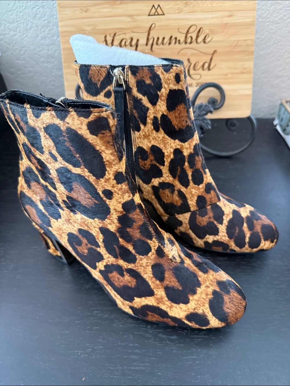 DKNY Leopard Print Ankle Booties in Brown and Black
